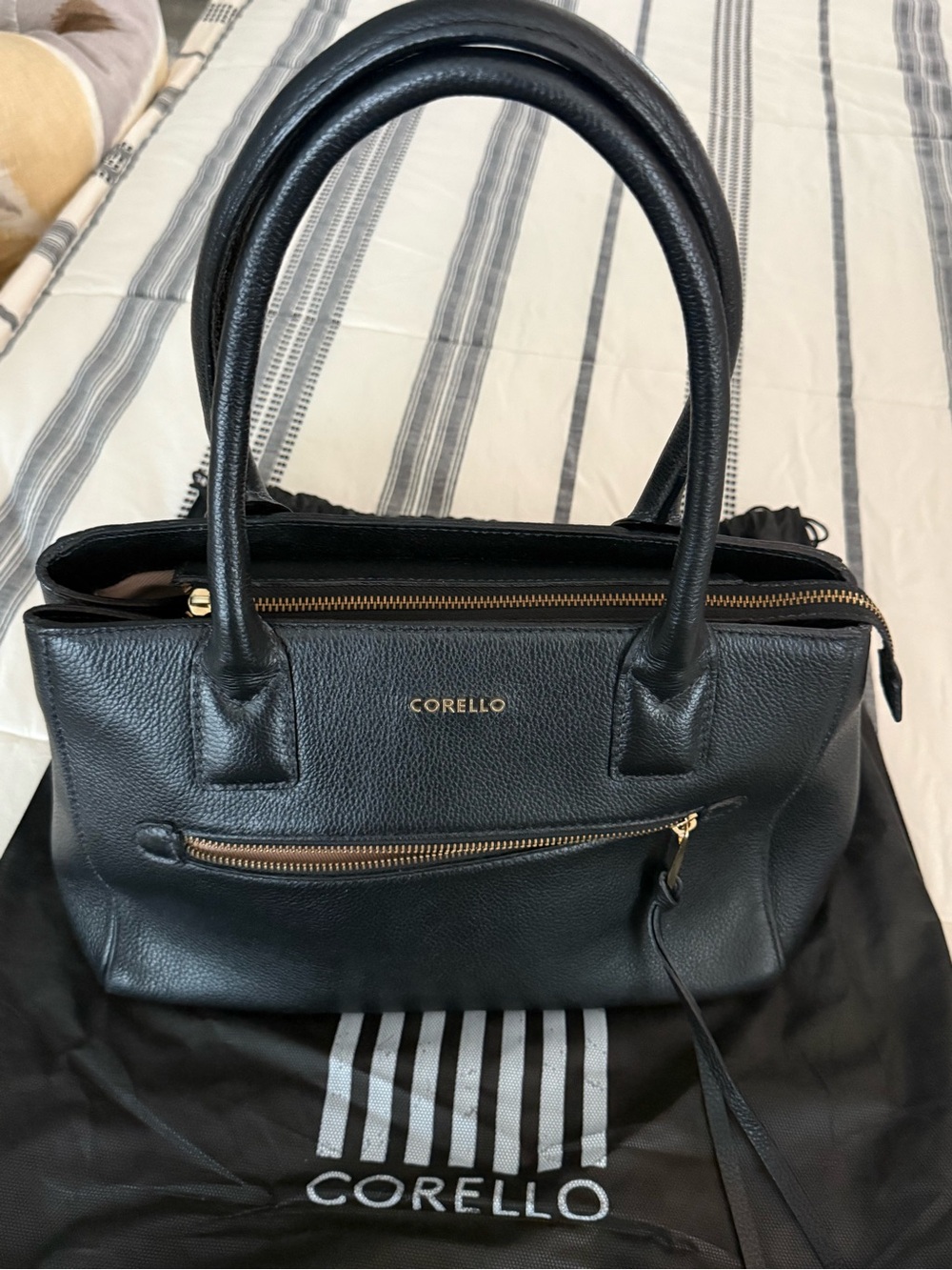 Black Pebbled Leather Satchel with Gold Hardware